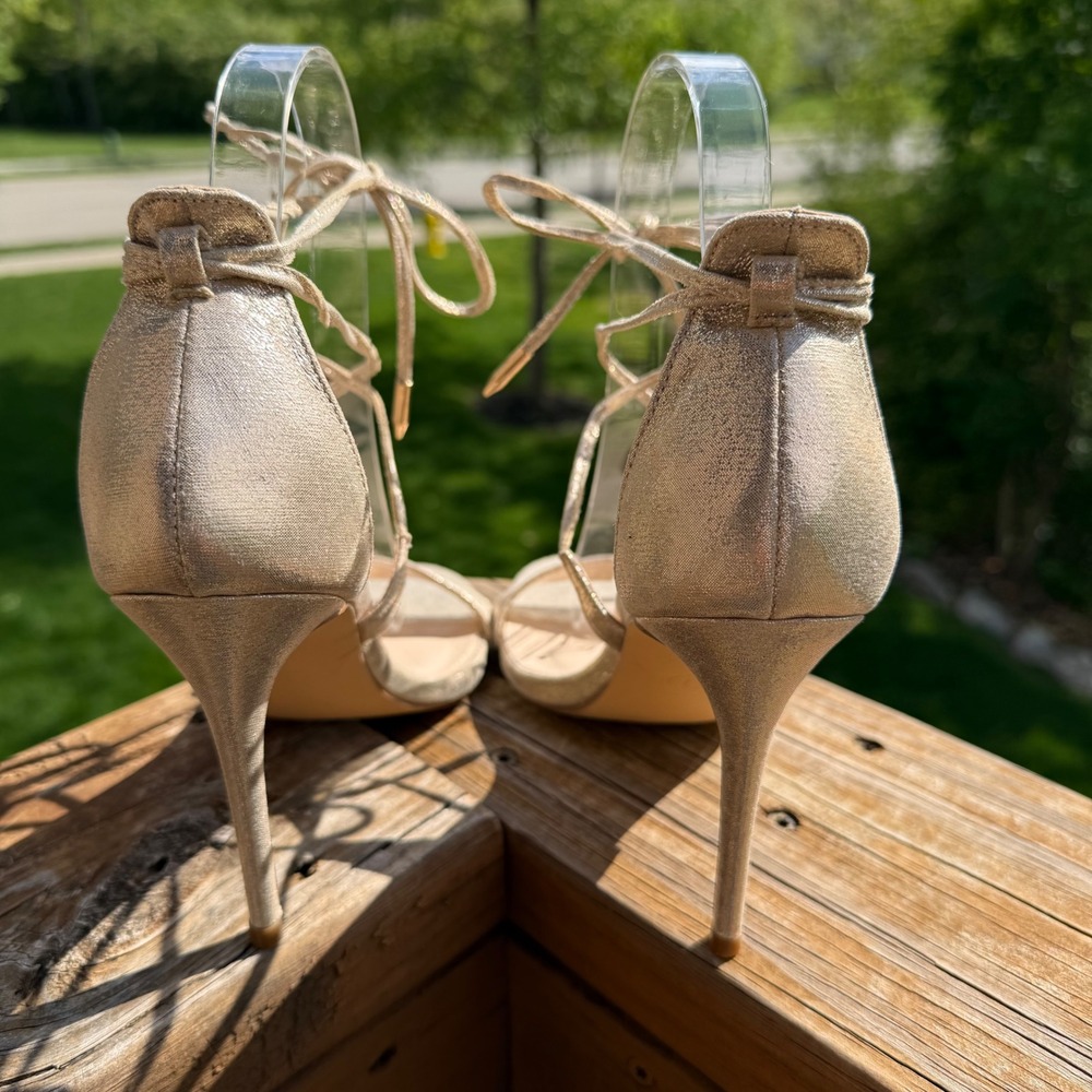 Lulus Lace Up Heels Women 7 Champagne Gold EUC Metallic Stiletto Sandals Wedding - Picture 6 of 10